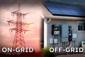 Comparativa visual entre sistema de energía solar On-Grid (conectado a red eléctrica) y Off-Grid (autónomo con baterías) para viviendas.